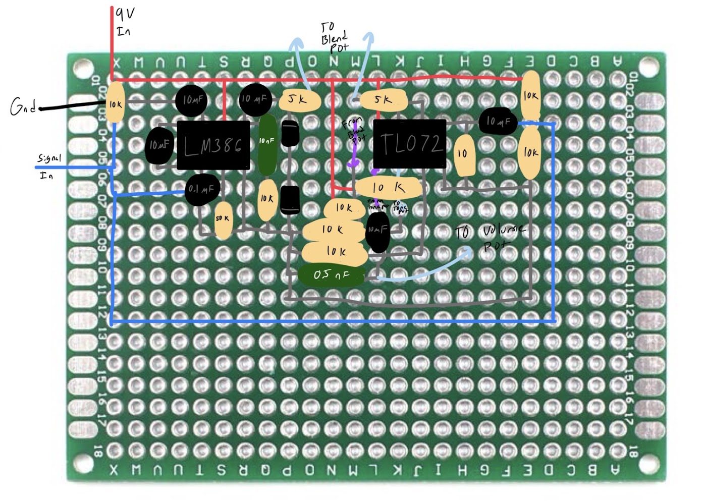 A drawing of where I put the parts on the protoboard.