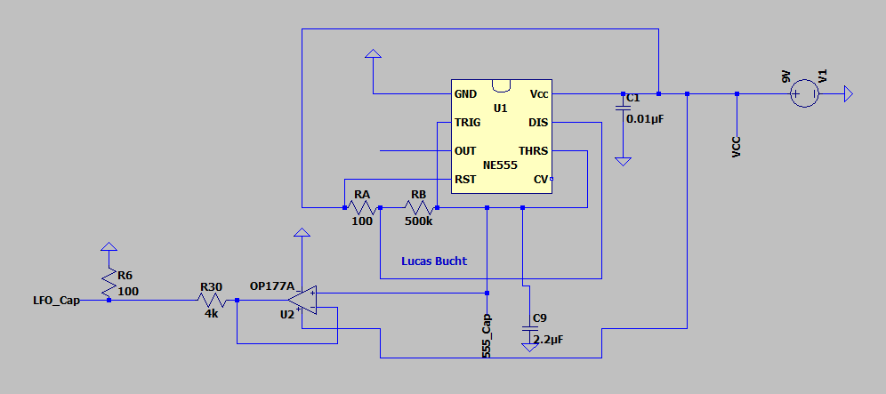 LTspice 555 LFO schematic, slowest setting